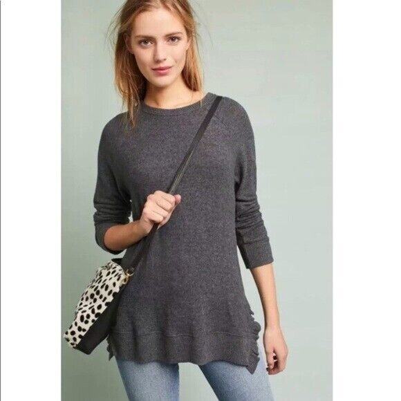 Anthropologie Postmark Top Size Large Gray Ruffle Side Split Tunic Sweater - Picture 1 of 9